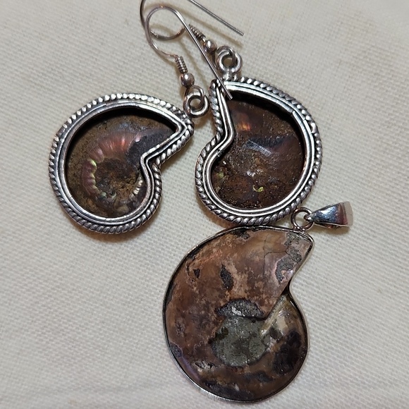 Ammonite pendant and matching earrings, prehistoric. - Picture 3 of 3